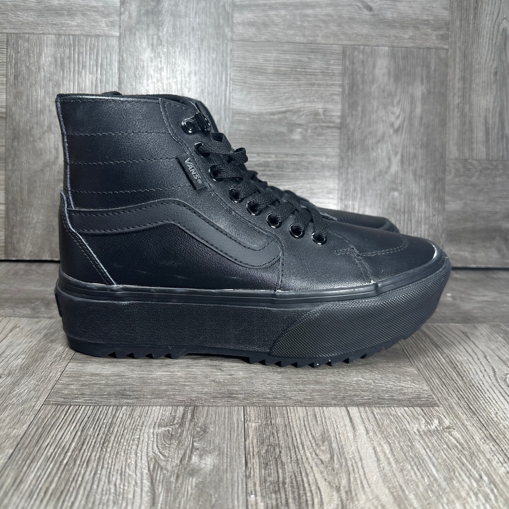 Vans Sk8-Hi Stacked Womens 6 Black Leather Platform High Top Sneakers NEW